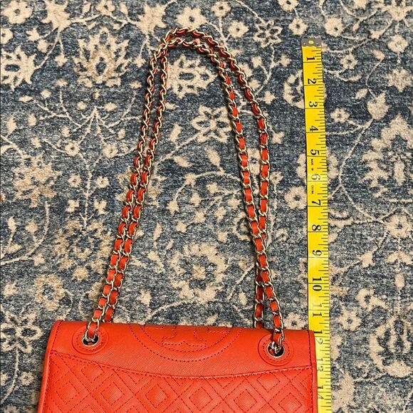Tory Burch Fleming Quilted Leather Chain Red Orange Shoulder Purse Bag Boho - Picture 13 of 16
